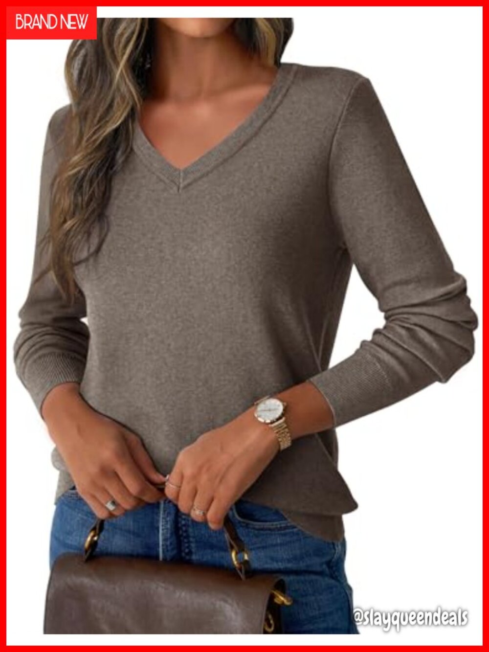 Women's V-Neck Long Sleeve Knit Pullover Sweater Lightweight